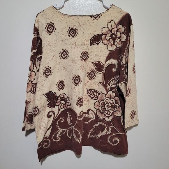 Alfred Dunner Floral Patterned Brown and Cream Top Large - Picture 3 of 6